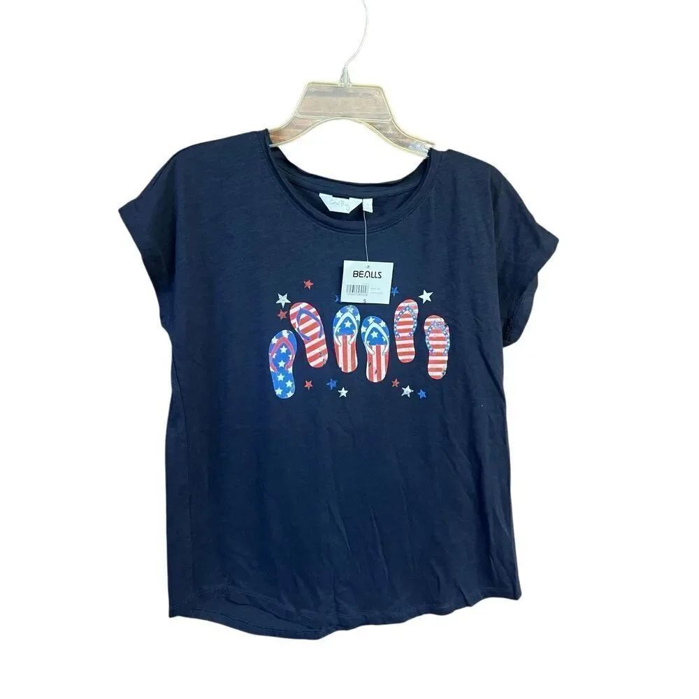 Coral Bay Womans Flip Flop Tee shirt Navy Sz S NWT